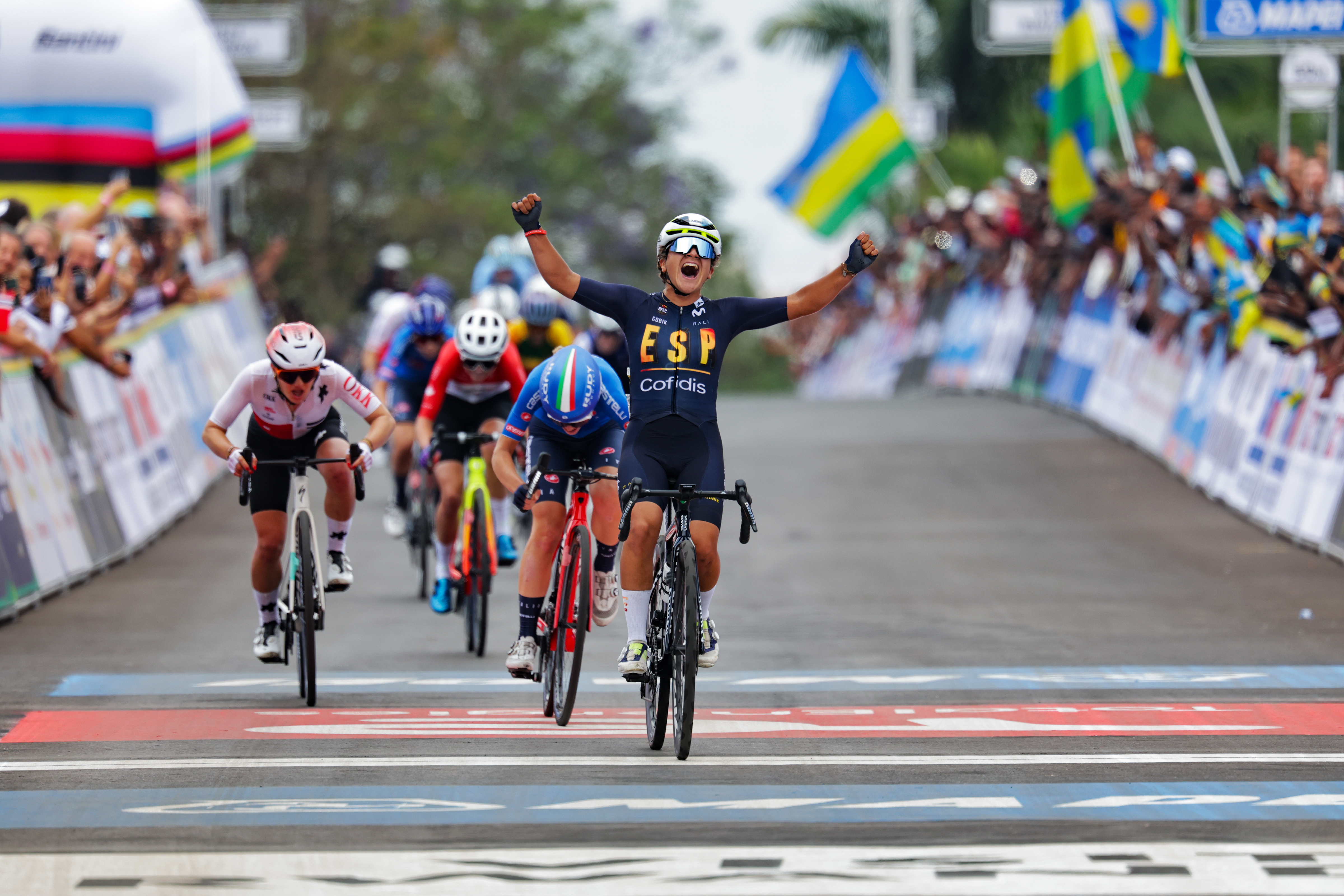Cycling - 2025 UCI Road World Championships - Kigali Convention Centre, Kigali, Rwanda - Women Junior Road Race - Paula Ostiz Taco (Spain) Wins the Women Junior Road Race World Championship
