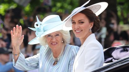 Catherine, Duchess of Cambridge and Camilla, Duchess of Cornwall seen at Trooping The Colour on June 02, 2022 in London, England. Trooping The Colour, also known as The Queen's Birthday Parade, is a military ceremony performed by regiments of the British Army that has taken place since the mid-17th century. It marks the official birthday of the British Sovereign. This year, from June 2 to June 5, 2022, there is the added celebration of the Platinum Jubilee of Elizabeth II in the UK and Commonwealth to mark the 70th anniversary of her accession to the throne on 6 February 1952. 