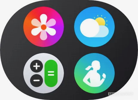 The upcoming Shortcuts app in One UI 8 Watch, showing four watch app icons in 2x2 formation for the Gallery, Weather, Calculator, and Samsung Health.