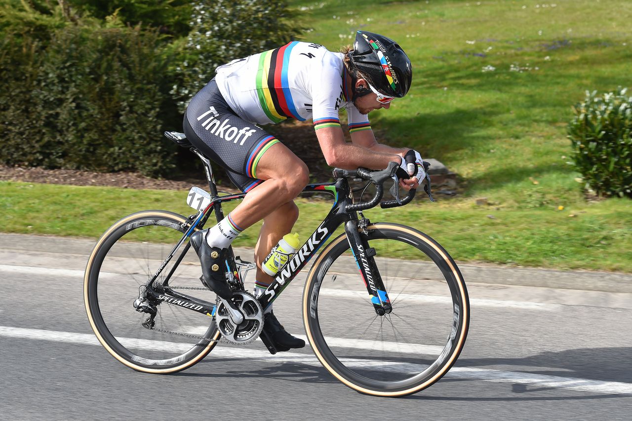 Peter Sagan racing in the rainbow jersey