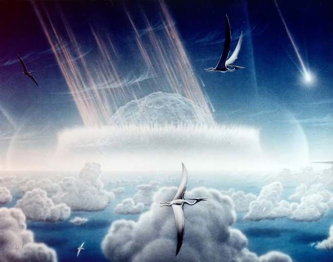 An artist&#039;s impression of a giant space rock slamming into Earth 65 million years ago near what is now Mexico&#039;s Yucatan Peninsula.