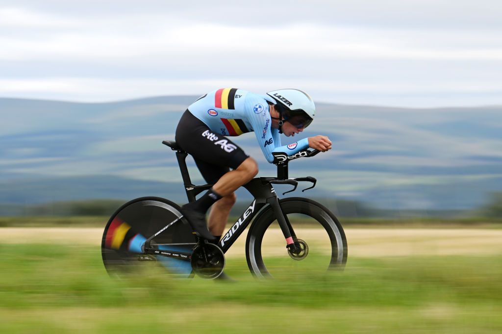 STIRLING SCOTLAND AUGUST 09 Alec Segaert of Belgium sprints during the Men Under 23 Individual Time Trial a 362km race from Stirling to Stirling 80m at the 96th UCI Cycling World Championships Glasgow 2023 Day 7 UCIWT on August 09 2023 in Glasgow Stirling Photo by Dario BelingheriGetty Images
