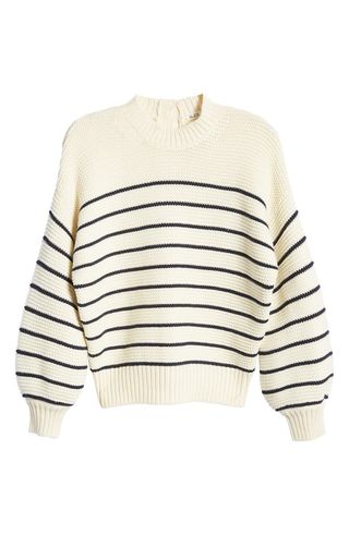 Women's Stripe Button Back Cotton Crewneck Sweater