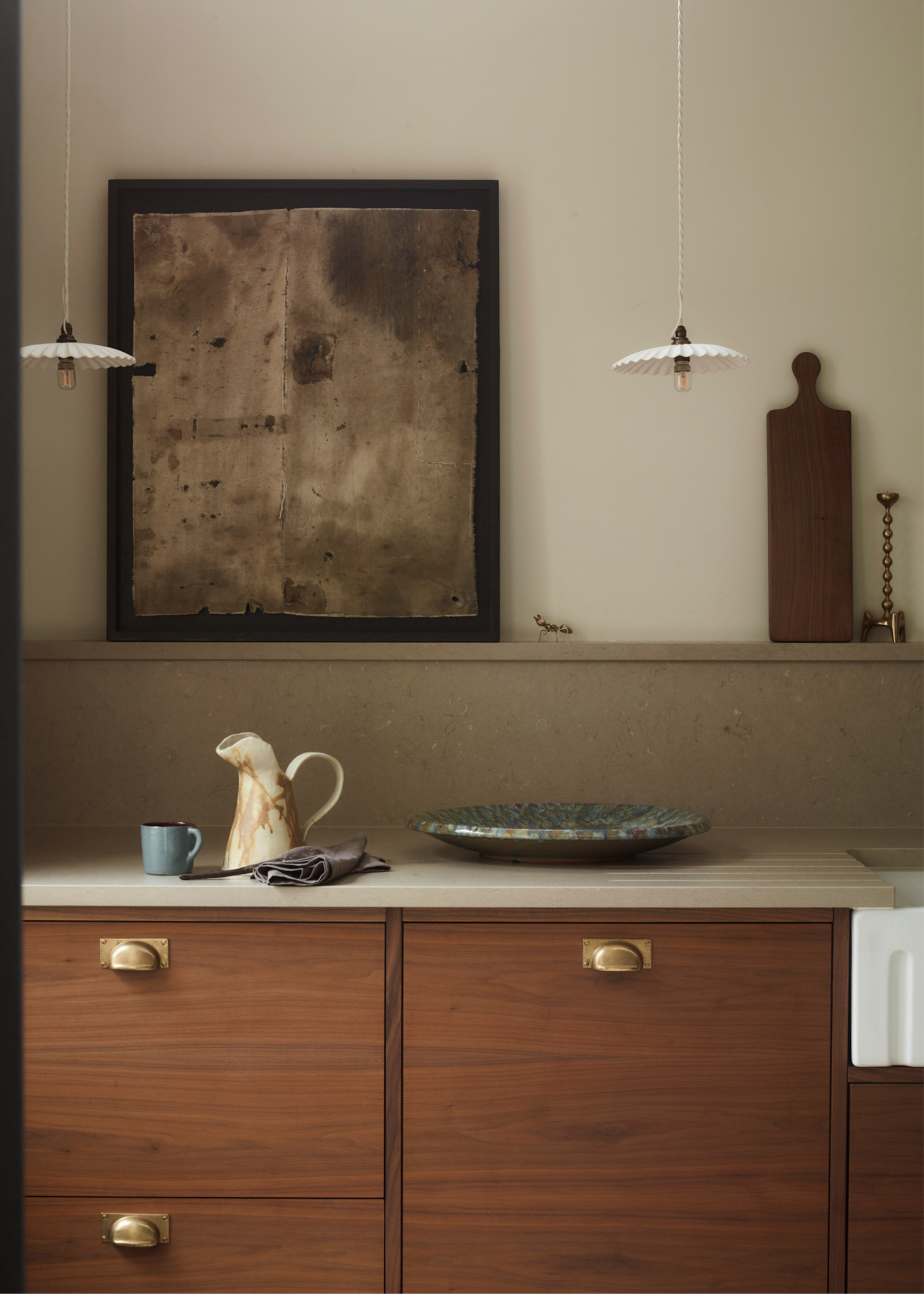 modern kitchen with warm wooden cabinets and vintage detailing