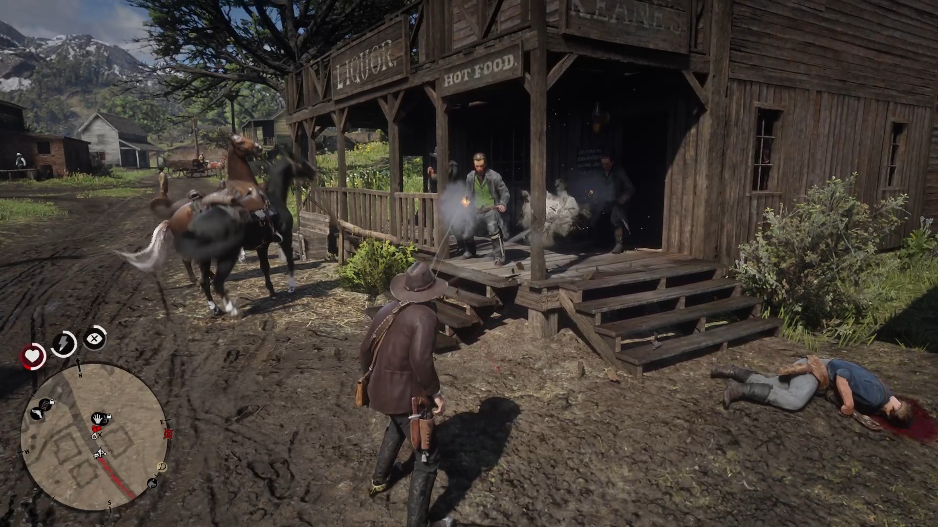 Red Dead Redemption 2 screenshot of Arthur Morgan getting shot at by three men as another man lies dead on the ground