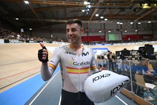 Spain's Sebastian Mora Vedri reacts after winning the Men's Points Race of the UCI Track Cycling World Championships in Ballerup, Denmark