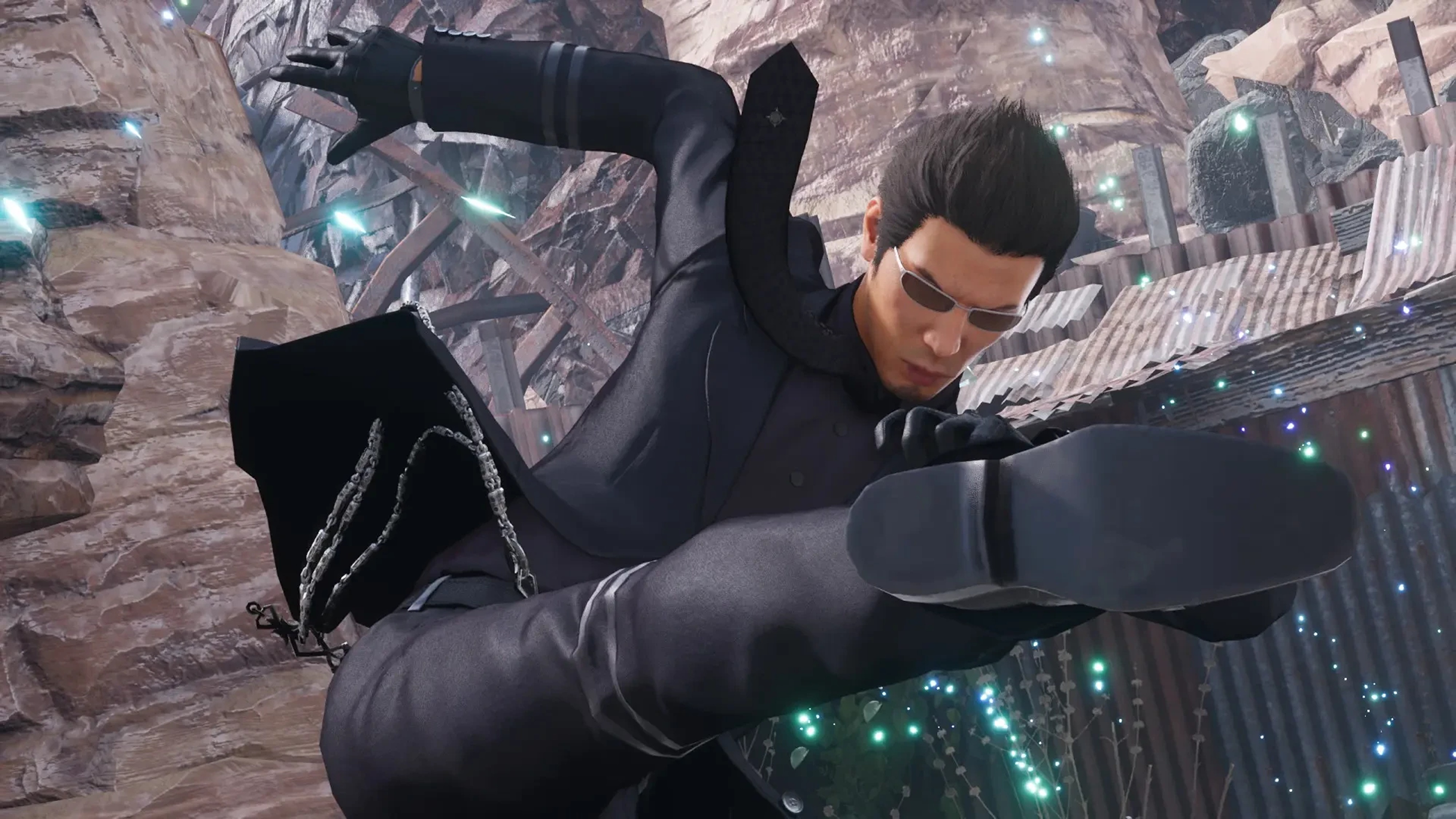 Promotional screenshot of Kiryu Kazuma from Like a Dragon in a modded version of Final Fantasy VII Remake.