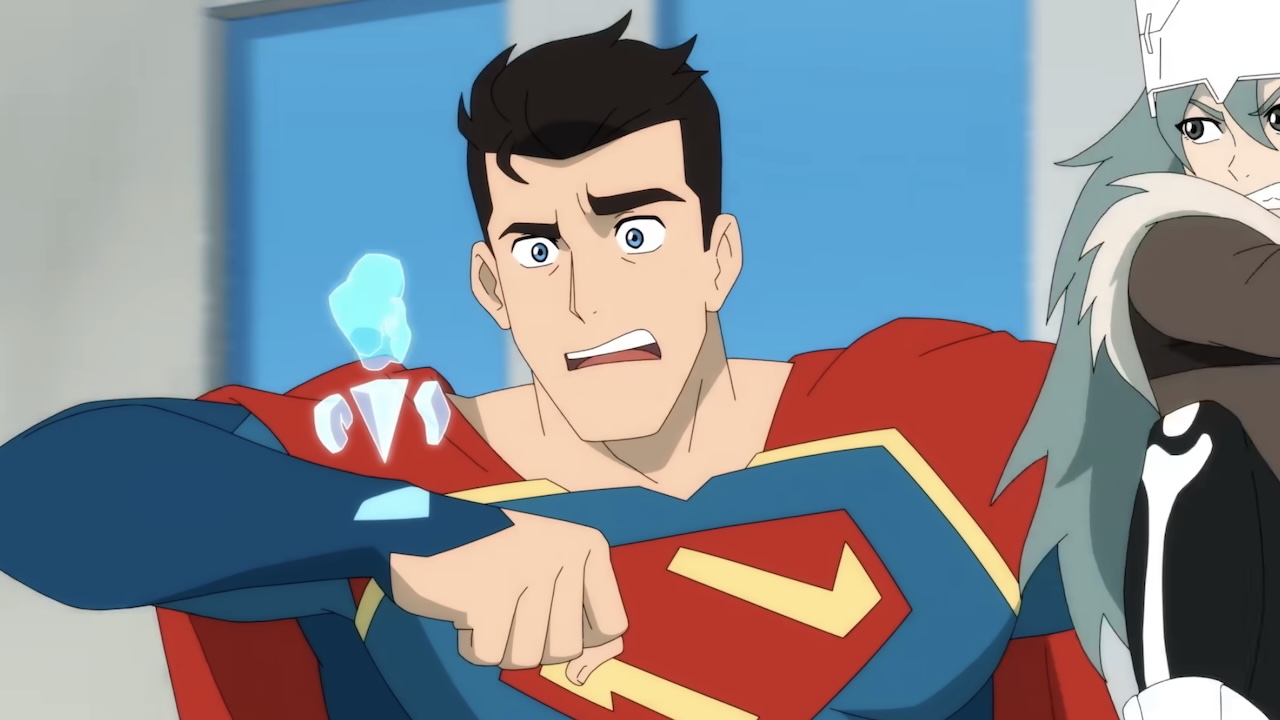 Superman talking to someone on his wrist communicator in My Adventures with Superman Season 3