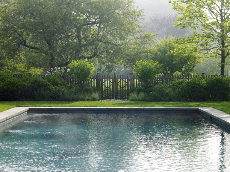 A garden pool surrounded by fencing and greenery