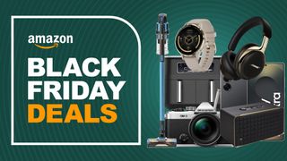 Assortment of tech on a green background with Amazon logo and "Black Friday Deals" text.
