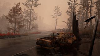 A screenshot from Pacific Drive with the character holding a crow bar in the rain in front of a wrecked car