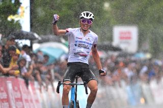 TERRASSONLAVILLEDIEU FRANCE AUGUST 14 Alex Baudin of France and Team Decathlon Ag2R La Mondiale White Best Young Rider Jersey celebrates at finish line as stage winner during the 57th Tour du Limousin Nouvelle Aquitaine 2024 Stage 2 a 1938km stage from SaintAulayePuymangou to TerrassonLavilledieu on August 14 2024 in TerrassonLavilledieu France Photo by Billy CeustersGetty Images