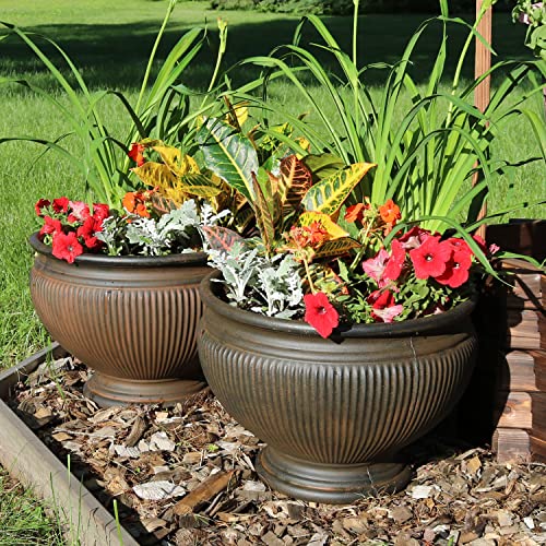 Sunnydaze Elizabeth 16" Double-Walled Polyresin Ribbed Urn Outdoor Planter - Uv-Resistant Rust Finish - Set of 2