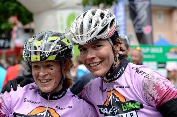Sally Bigham of Topeak Ergon Racing left and Milena Landtwing of Centurion-Vaude are dominating the women's race so far