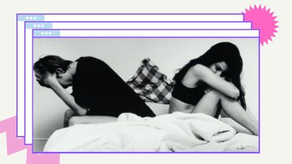 And image of couple in bed black and white looking sad ontop of a graphic designed background