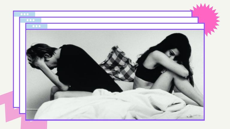 And image of couple in bed black and white looking sad ontop of a graphic designed background