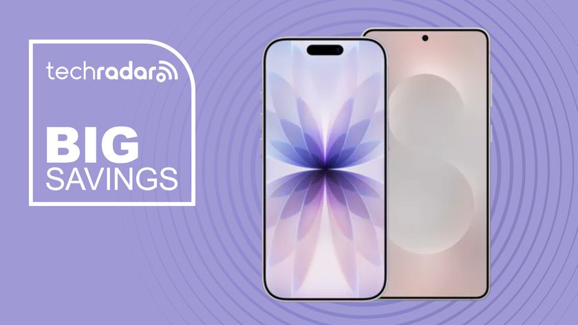 iPhone 17 and Galaxy S25 Edge on purple background with big savings text overlay