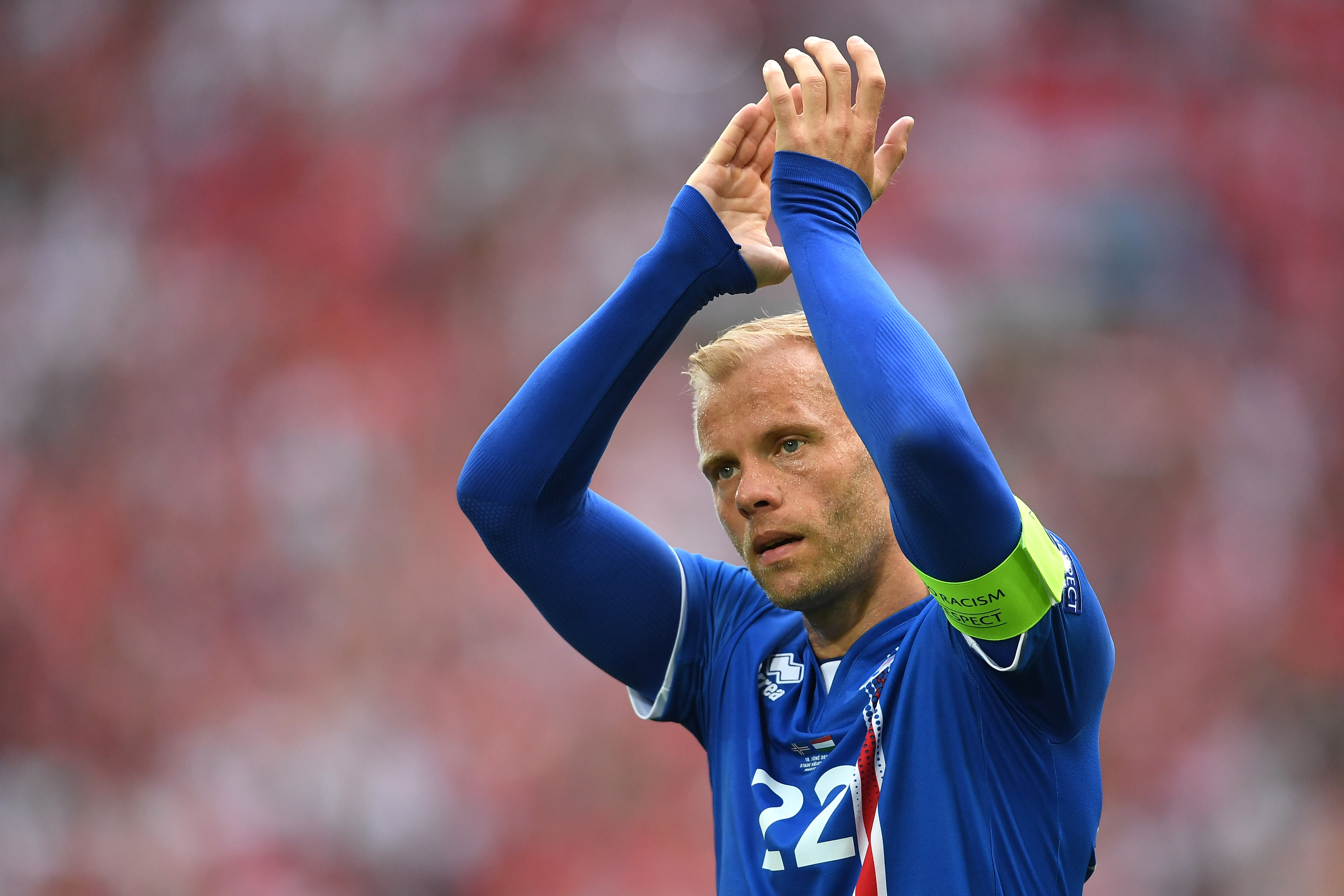 Eidur Gudjohnsen applauds Iceland fans after his side's game against Hungary at Euro 2016.