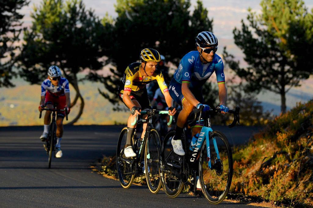 ALTO-DE-MONCALVILLO, SPAIN - OCTOBER 28: Alejandro Valverde Belmonte of Spain and Movistar Team / Sepp Kuss of The United States and Team Jumbo - Visma / Guillaume Martin of France and Team Cofidis Solutions Credits Polka Dot Mountain Jersey / Shadow / Autumn / during the 75th Tour of Spain 2020, Stage 8 a 164km stage from Logro&Atilde;&plusmn;o to Alto de Moncalvillo 1490m / @lavuelta / #LaVuelta20 / on October 28, 2020 in Alto de Moncalvillo, Spain. (Photo by David Ramos/Getty Images)