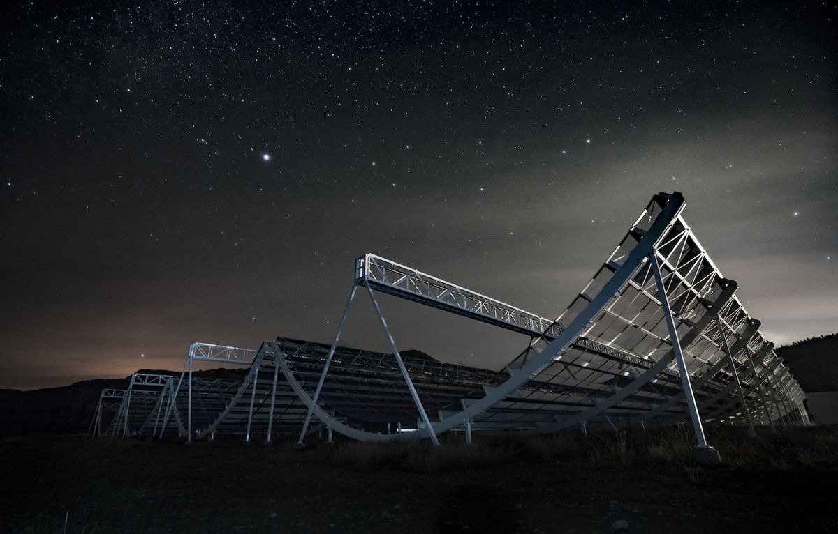 The CHIME radio telescope at night. 