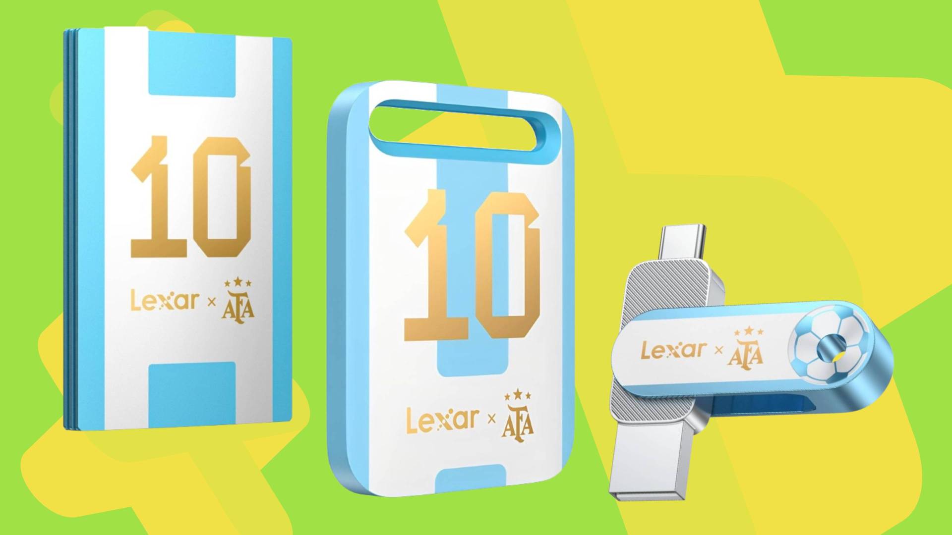 Official marketing image showing the range of Lexar AFA official World Cup storage products on a light green GamesRadar+ background.