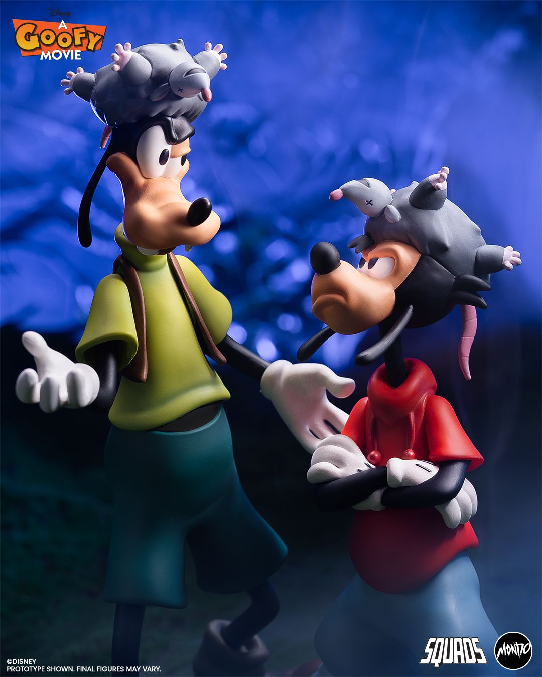 A Goofy Movie figures posing against themed backgrounds