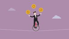 Illustration of a businessman riding a unicycle and juggling US coins
