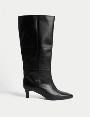 Leather Kitten Heel Knee High Boots