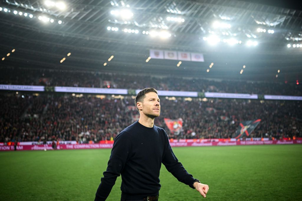 Liverpool target Xabi Alonso of Bayer 04 Leverkusen reacts after the Bundesliga match between Bayer 04 Leverkusen and FC Bayern München at BayArena on February 10, 2024 in Leverkusen, Germany.