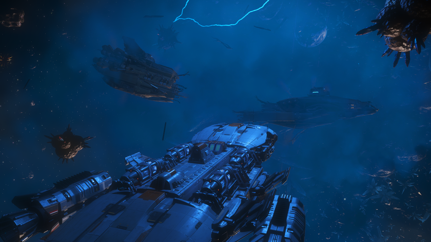 A screenshot shows a No Man&#039;s Sky ship cruising through a dark and foggy wasteland