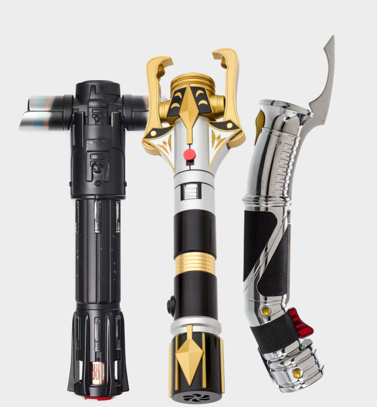 Kylo Ren, Stellan Gios, and Darth Tyrannus lightsaber hilts on a plain background