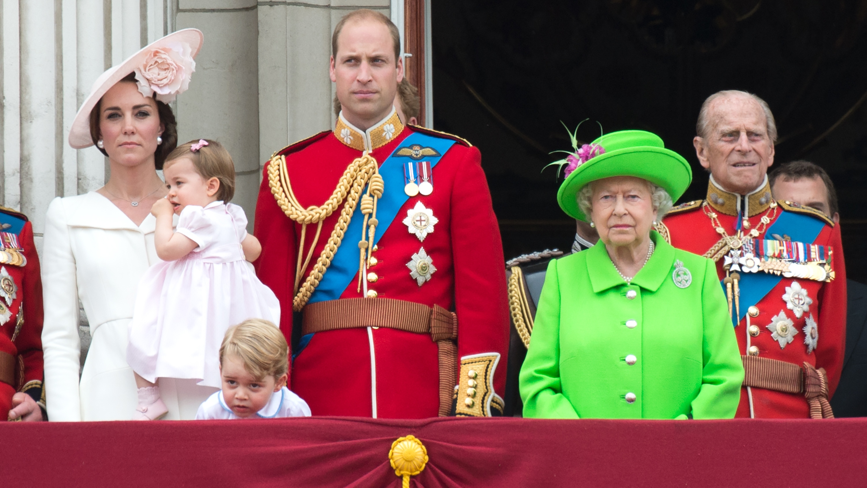 The Royal Family stand on the balcony of Buckingham Palace at Trooping the Colour 2016