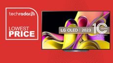 LG B3 OLED TV spotlight image on red background