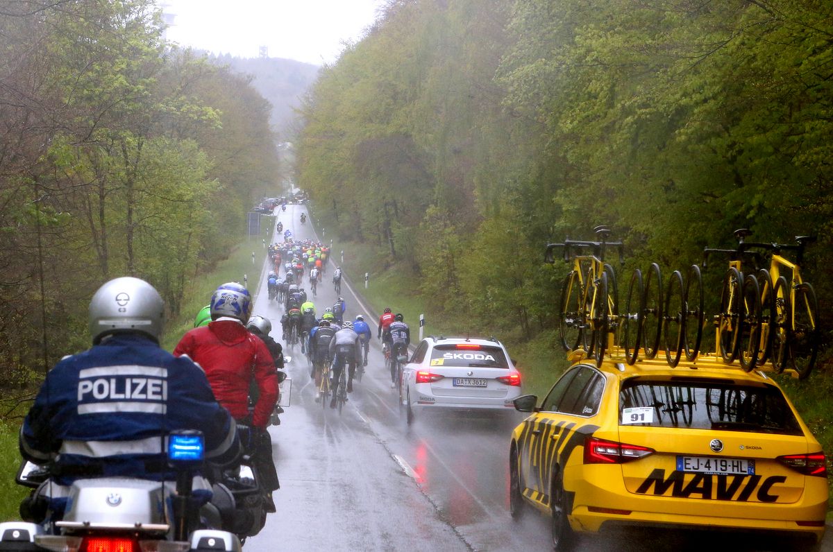 A view of the wet day's racing from the rear of the bunch