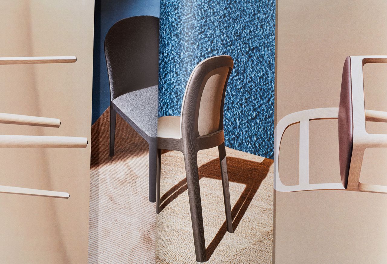 Collage showing the Tea chair by Jasper Morrison for Molteni &amp; C featuring a curved back and wooden structure in different colours of wood