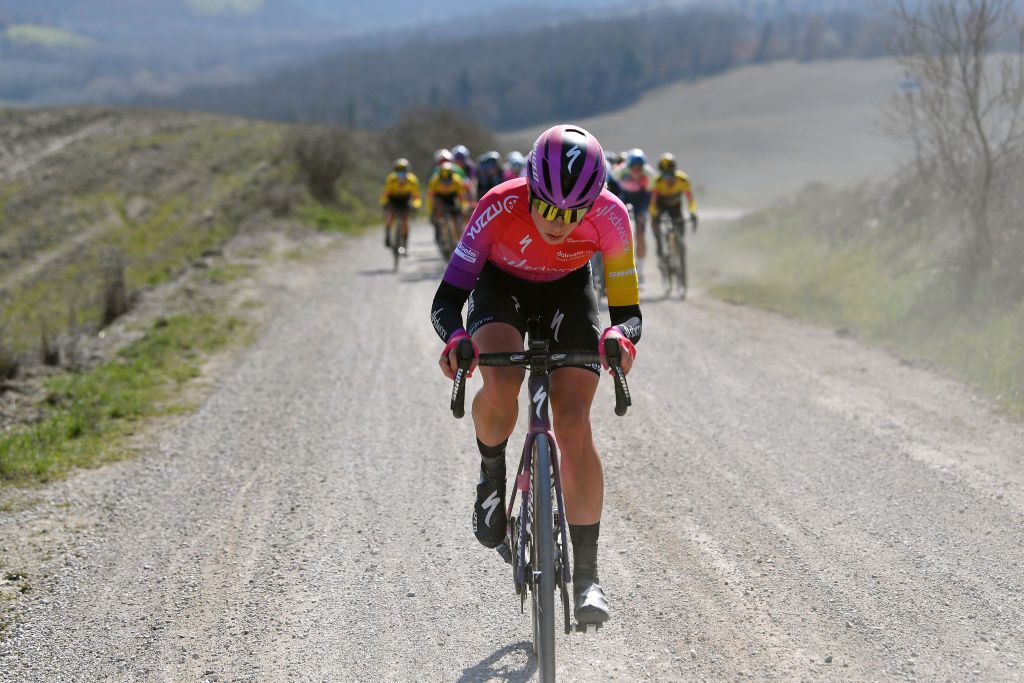 SIENA ITALY MARCH 05 Demi Vollering of Netherlands and Team SD Worx competes through gravel roads during the Eroica 8th Strade Bianche 2022 Womens Elite a 136km one day race from Siena to Siena Piazza del Campo 321m StradeBianche on March 05 2022 in Siena Italy Photo by Luc ClaessenGetty Images