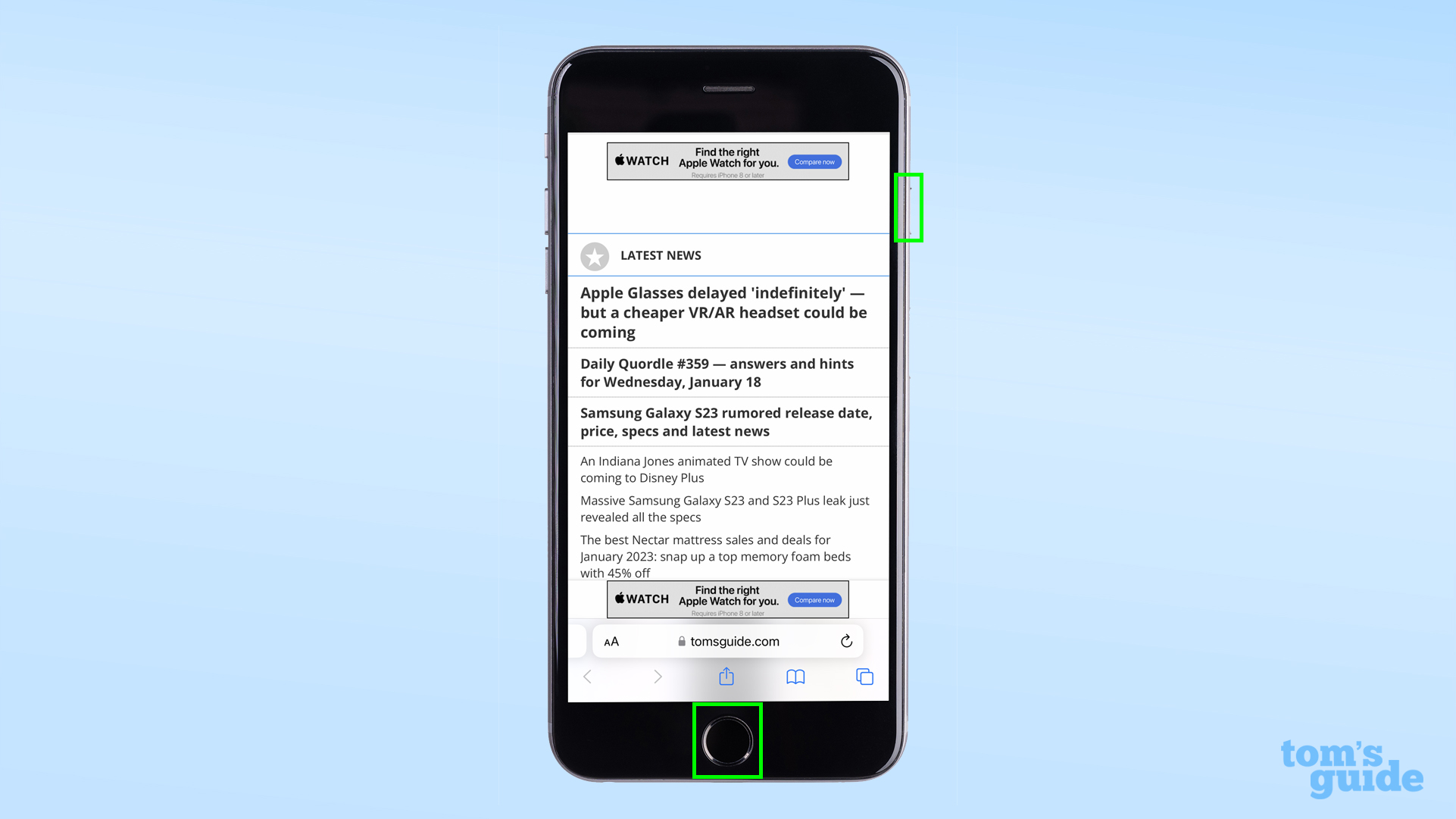 Иллюстрация создания снимка экрана на iPhone 8 с использованием боковых кнопок и кнопок «Домой».