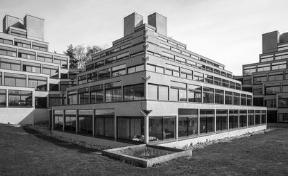 Photographed here, the University of East Anglia in Norwich (1962–68) by Denys Lasdun.