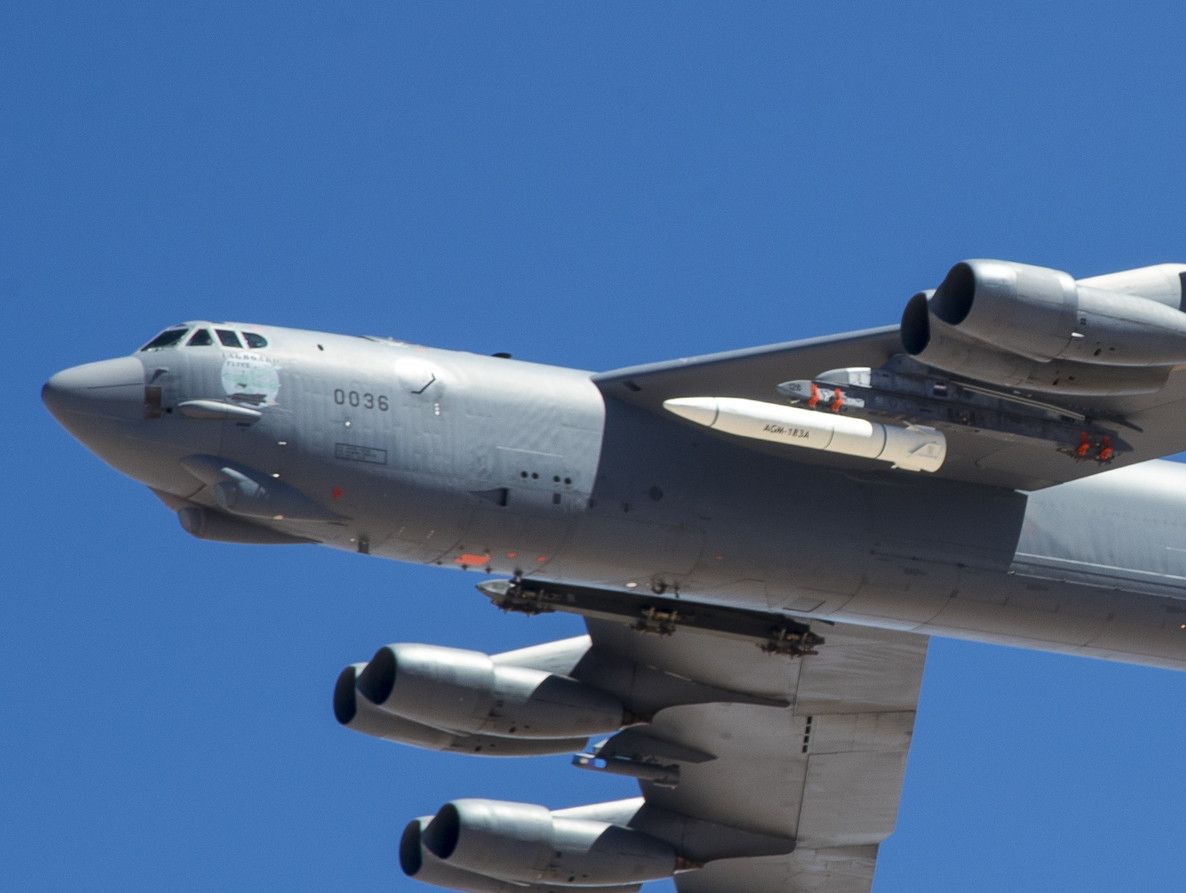 A June 12, 2019 photo shows a B-52 carrying an ARRW prototype (in white, under the left wing) during a test where it was not launched.