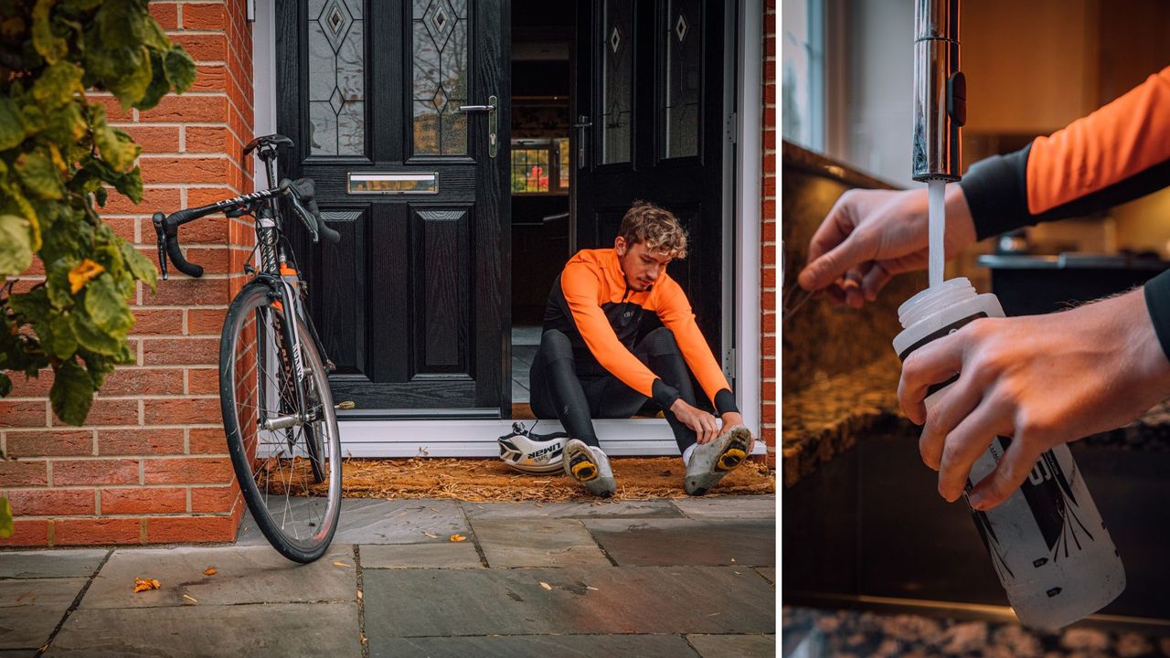 Cyclist preparing for a morning ride (left), rider pouring water into bottle (right)