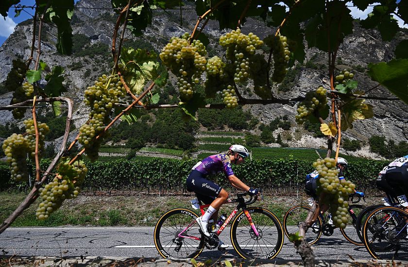 LA TZOUMAZ, SWITZERLAND - AUGUST 16: (L-R) Femke Gerritse of Netherlands and Team SD Worx - Protime and Valerie Demey of Belgium and Team VolkerWessels Cycling compete passing through a vineyards landscape during the 4th Tour de Romandie Feminin 2025, Stage 2 a 123.2km stage from Conthey to La Tzoumaz 1522m / #UCIWWT / on August 16, 2025 in La Tzoumaz, Switzerland. (Photo by Dario Belingheri/Getty Images)
