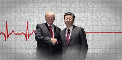 President Trump and Chinese President Xi Jinping shake hands over a still EKG signal.