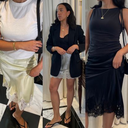 Lauren Tappan wearing a yellow aritzia skirt, Lauren Tappan wearing a silver doen skirt, Lauren Tappan wearing a black reformation skirt 
