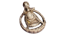 a round silver pendant showing a pregnant woman
