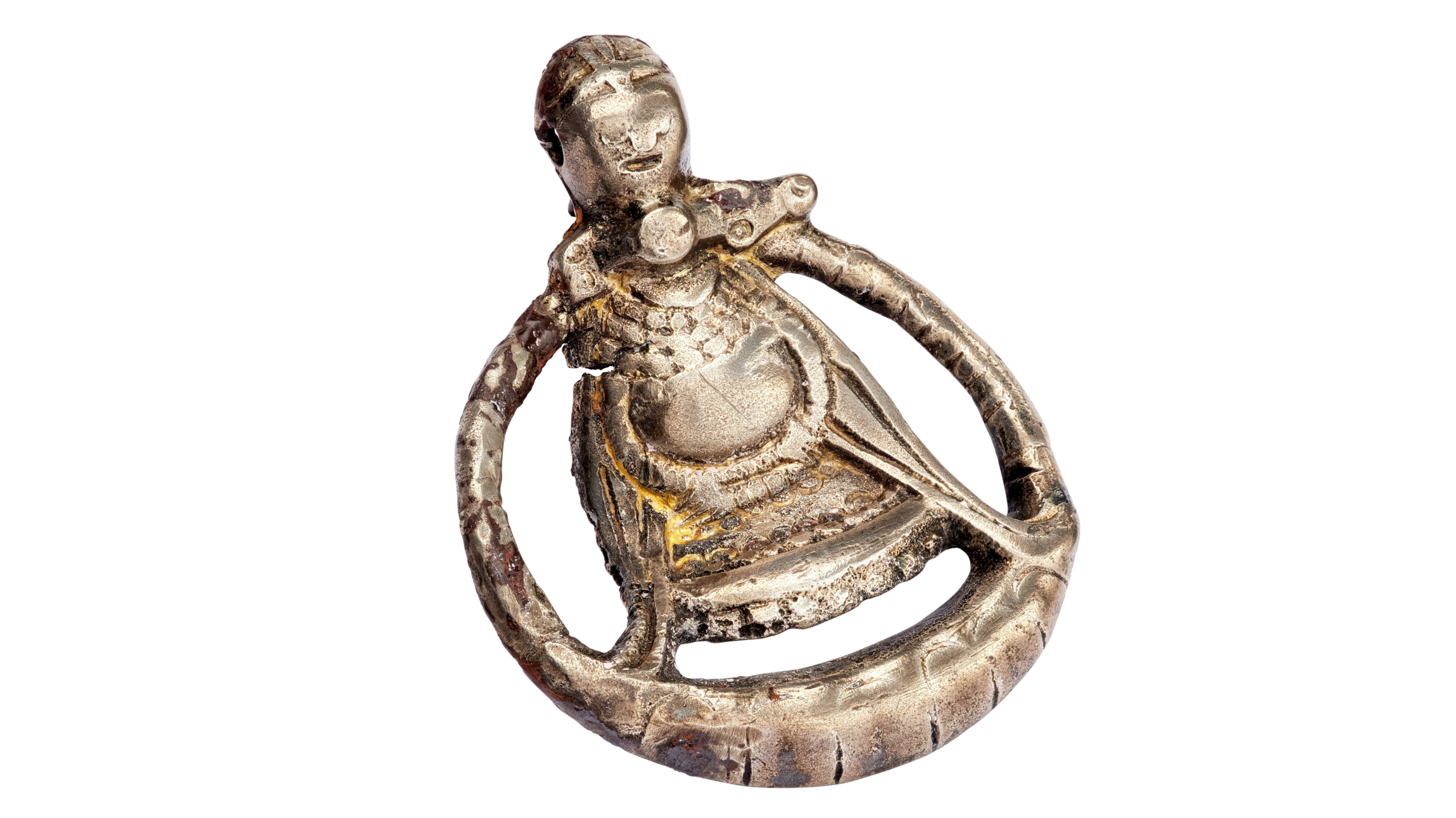 a round silver pendant showing a pregnant woman