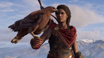 Kassandra holding a falcon on her arm during Assassin's Creed Odyssey