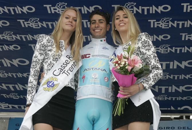 Fabio Aru (Astana) on the podium in the white jersey at the Giro del Trentino