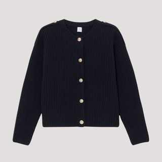 Flat lay image of navy cardigan