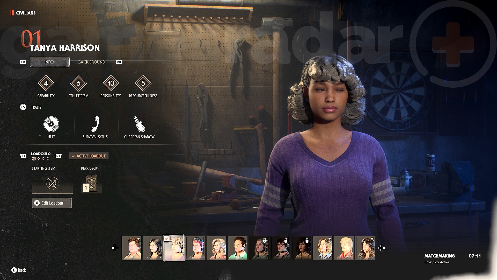 The character stat screen for Tanya, one of the best civilians in Halloween The Game.