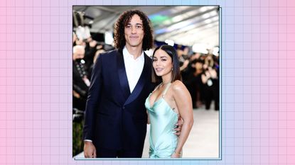 Cole Tucker and Vanessa Hudgens (who is wearing a blue, satin dress) pose together as they attend the 28th Screen Actors Guild Awards at Barker Hangar on February 27, 2022 in Santa Monica, California./ in a pink and blue template